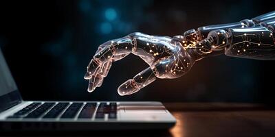 AI generated technological progress, artificial intelligence. robot hands working at the computer photo