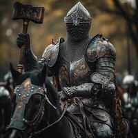 AI generated Fantasy knight armed with a war hammer riding a war horse photo