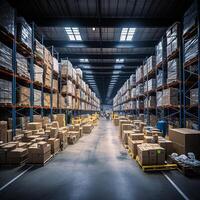 AI generated Photorealistic image. Warehouse situation. Large industrial warehouse photo