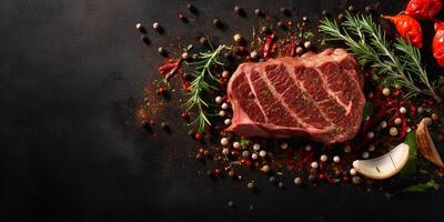 AI generated Grilled steak on a dark background. Piece of meat with salt, pepper, herbs and tomatoes photo