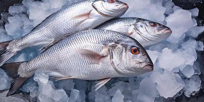 AI generated Photorealistic image of freshly caught sea fish on an ice bed photo