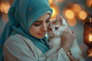 AI generated cute girl in a hijab, in Muslim clothes with a cat. Ramadan holiday photo