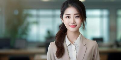 AI generated Portrait of a young confident Asian woman posing in the office. Business lady photo