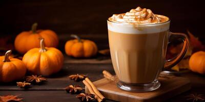 AI generated Photorealistic image of a mug of cappuccino against a background of ripe pumpkins on a dark background. Thanksgiving Coffee photo