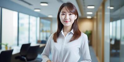 AI generated Portrait of a young confident Asian woman posing in the office. Business lady photo