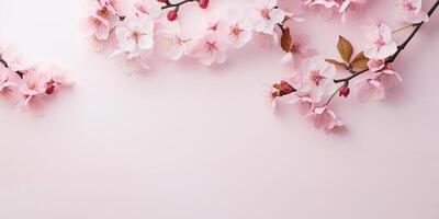 ai generado plano poner, rosado sakura flores en un rosado antecedentes. espacio para texto foto