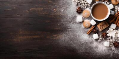 ai generado plano poner, Navidad composición con pan de jengibre galletas y caliente chocolate en un oscuro antecedentes con espacio para texto. invierno, nuevo año, Días festivos foto