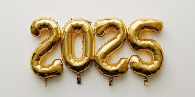 AI generated 2025 made of golden colored balloons on a white background. Happy New Year photo