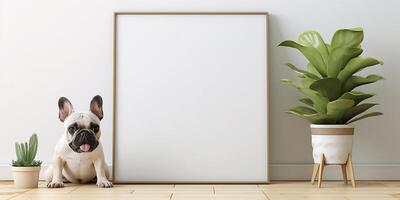 AI generated mockup, a picture in a frame stands on the floor, against the background of a white wall next to a cute French bulldog dog. minimalist interior photo