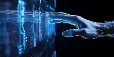 AI generated Digital hologram of a hand on a dark background. Interaction with artificial intelligence. photo