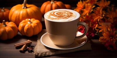 AI generated Photorealistic image of a mug of cappuccino against a background of ripe pumpkins on a dark background. Thanksgiving Coffee photo