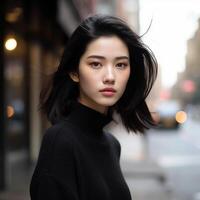 AI generated photorealistic portrait of a young Asian female model against a city background photo