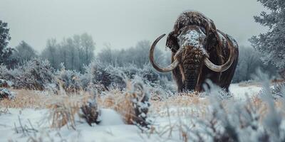 ai generado un lanoso mamut camina mediante el Nevado tierras de el hielo años foto