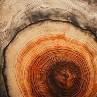 ai generado fotorrealista imagen de un árbol cortar. árbol anillos madera textura foto