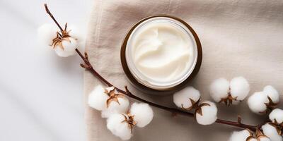 AI generated flat lay, a jar of face cream on a light background, cotton flowers. cosmetics, skin care. cosmetic product advertisement photo