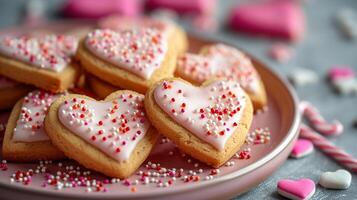 AI generated a plate of homemade heart-shaped cookies with icing and sprinkles. symbol of valentine's day, love and relationship photo