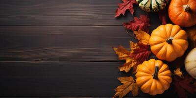 AI generated Top view. Pumpkins on a dark table. Thanksgiving image photo