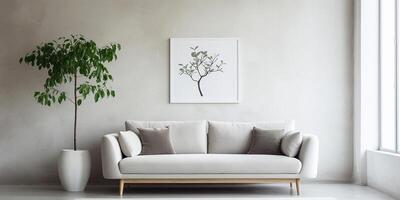 AI generated Home interior, home interior design of modern living room in gray tones. Comfortable sofa with pillows near the wall with a painting photo