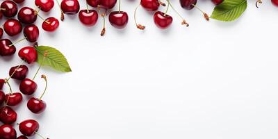 AI generated Frame with fresh cherries on a white background with space for text photo