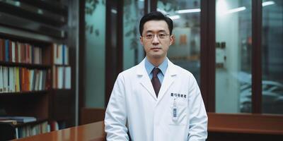 ai generado retrato de un asiático médico en un hospital corredor. foto