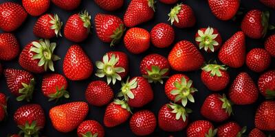 AI generated several strawberries close-up on a dark background. ripe berry, image for advertising photo