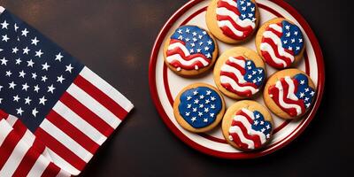 AI generated flat lay for USA Independence Day. plate of cookies with American flag. cute symbol of America, holiday at home, homemade cookies photo