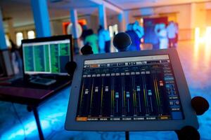 Professional studio programm for sound mixing. Close-up view of audio application. Media production studio. Music record service photo