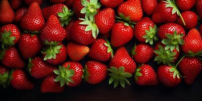 AI generated several strawberries close-up on a dark background. ripe berry, image for advertising photo