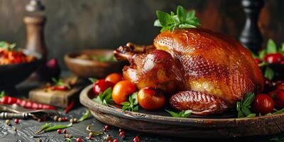 AI generated Homemade grilled chicken with vegetables and herbs on a plate. Photorealistic Thanksgiving image photo