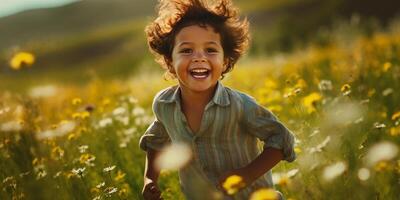 AI generated Happy child runs and has fun in the field. Happy child playing in the sun. Happy childhood photo