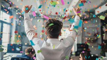 AI generated Happy businessman celebrating success. Joy, victory, confetti in the office photo