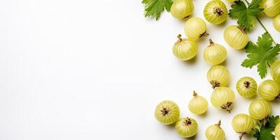 AI generated Frame with fresh gooseberries on a white background with space for text photo