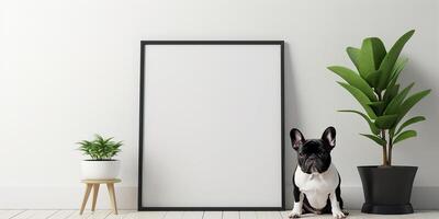 AI generated mockup, a picture in a frame stands on the floor, against the background of a white wall next to a cute French bulldog dog. minimalist interior photo