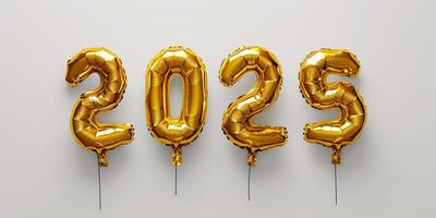 AI generated 2025 made of golden colored balloons on a white background. Happy New Year photo