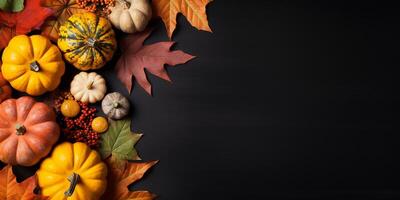 AI generated Top view. Pumpkins on a dark table. Thanksgiving image photo