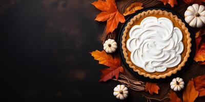 AI generated Traditional Thanksgiving pie on a wooden table with apples and fallen withered leaves close-up. photo