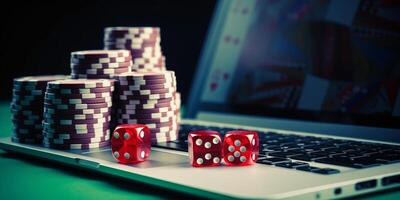 AI generated Online casino, casino chips and dice lying on the laptop keyboard. photo