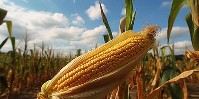 AI generated Photorealistic image of a corn field. Corn on the plantation. photo