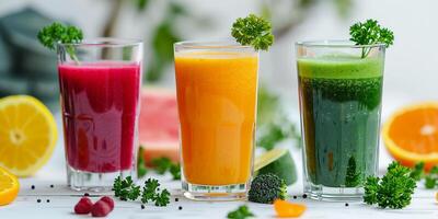 AI generated Set of glasses of vegetable juices. Healthy eating photo