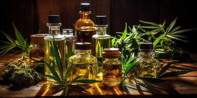 AI generated hemp oil and hemp leaves. body care and medicine, glass jars with hemp oil photo