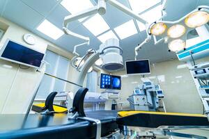 Modern equipment in operating room. Medical devices for neurosurgery. Background. Operating theatre. Selective focus. photo