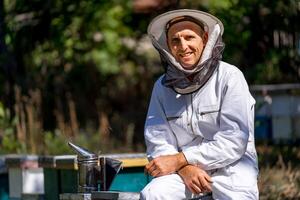 alegre hombre apicultor se sienta en colmena en especial trabajo vestir y sombrero con neto. soleado día a colmenar. foto