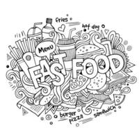 Fast food hand lettering and doodles elements background vector