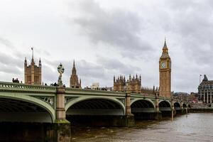 Westminster Bridge and the iconic Big Ben clock tower under a cloudy sky in London, UK. photo