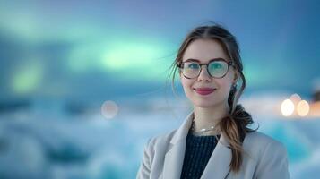 ai generado radiante mujer de negocios exuda Resiliencia y amabilidad en contra asombroso ártico del Norte luces horizonte foto