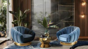 ai generado azul terciopelo sillones en elegante mármol vivo habitación con pájaro de paraíso planta foto