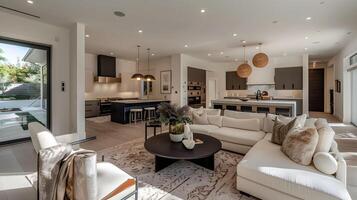 AI generated Elegant Open-Concept Living Room and Kitchen with Minimalistic Design in California Home photo