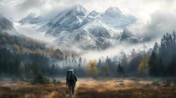 AI generated Solitary Hiker in Misty Autumn Forest amidst Snow-Capped Mountains photo