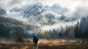 AI generated Solitary Hiker in Misty Autumn Forest amidst Snow-Capped Mountains photo