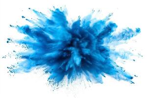 AI generated A dynamic and vibrant explosion of blue powder creating an abstract cloud, isolated on a white background, evoking a sense of motion and energy. photo